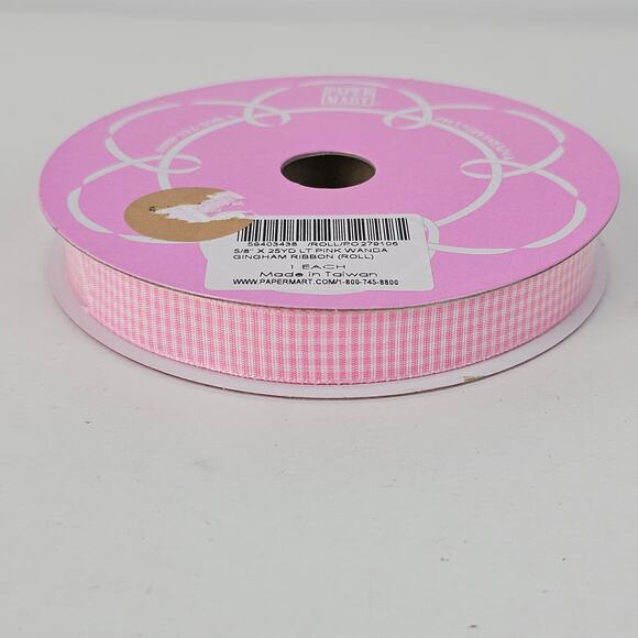 NIP pink and white gingham ribbon 5/8" x 25 yards - Picture 2 of 4